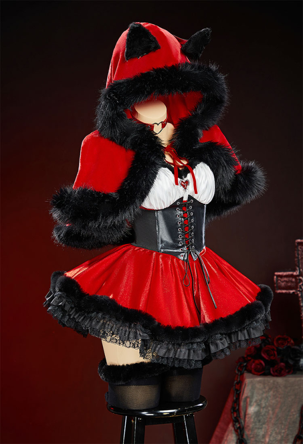 Hood in Shadow Halloween Plush Set Off-the-Shoulder Dress with Hooded Cape and Waistband Hood in Shadow Halloween Plush Set Off-the-Shoulder Dress with Hooded Cape and Waistband