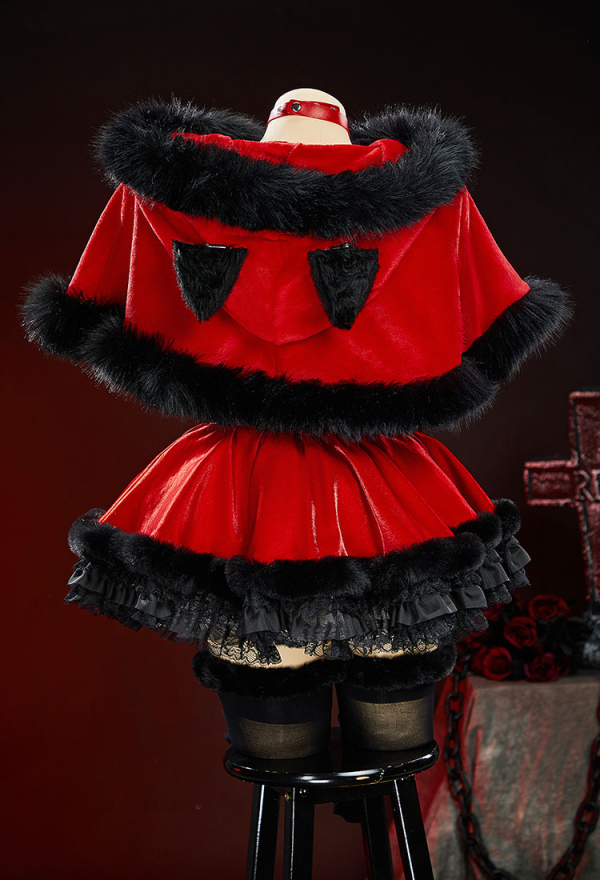 Hood in Shadow Halloween Plush Set Off-the-Shoulder Dress with Hooded Cape and Waistband Hood in Shadow Halloween Plush Set Off-the-Shoulder Dress with Hooded Cape and Waistband