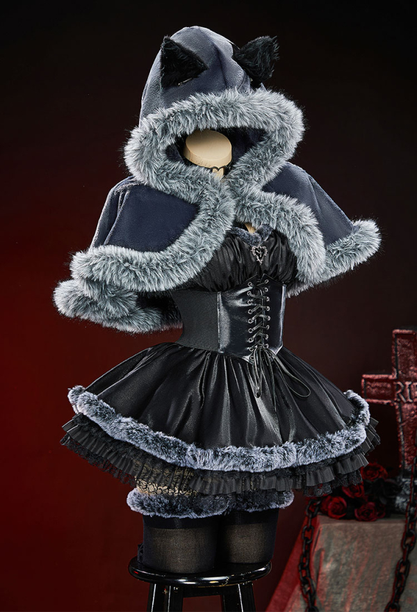 Hood in Shadow Halloween Plush Set Off-the-Shoulder Dress with Hooded Cape and Waistband Hood in Shadow Halloween Plush Set Off-the-Shoulder Dress with Hooded Cape and Waistband