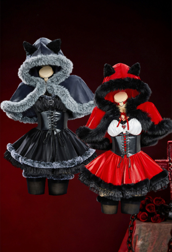 Hood in Shadow Halloween Plush Set Off-the-Shoulder Dress with Hooded Cape and Waistband