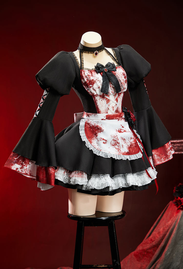 Halloween Bloody Maid Costume Blood-Splattered Print Dress with Apron