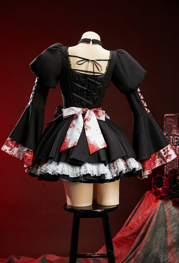 Halloween Bloody Maid Costume Blood-Splattered Print Dress with Apron