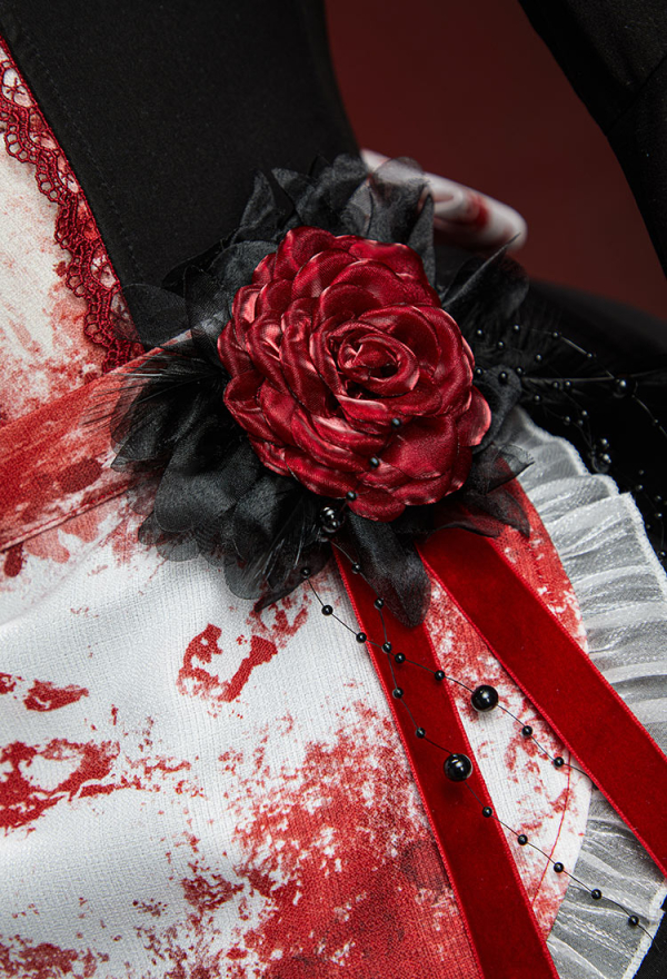 Halloween Bloody Maid Costume Blood-Splattered Print Dress with Apron