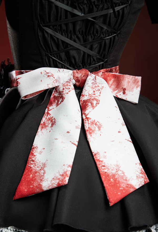 Halloween Bloody Maid Costume Blood-Splattered Print Dress with Apron