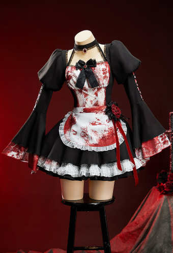 Halloween Bloody Maid Costume Blood-Splattered Print Dress with Apron