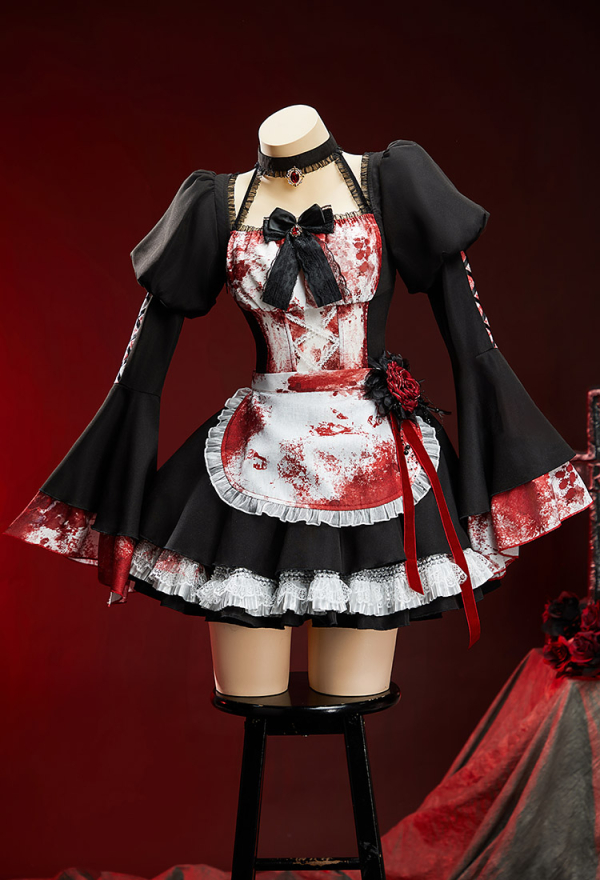 Halloween Bloody Maid Costume Blood-Splattered Print Dress with Apron