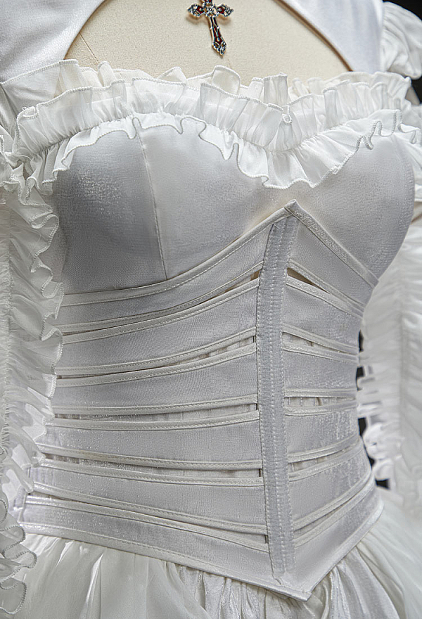 My Dying Bride Halloween White Short Wedding Dress Irregular Ruffled Dress with Corset and Gloves My Dying Bride Halloween White Short Wedding Dress Irregular Ruffled Dress with Corset and Gloves