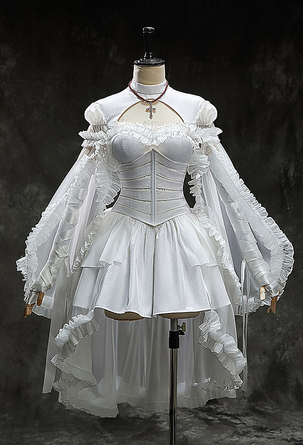 My Dying Bride Halloween White Short Wedding Dress Irregular Ruffled Dress with Corset and Gloves My Dying Bride Halloween White Short Wedding Dress Irregular Ruffled Dress with Corset and Gloves