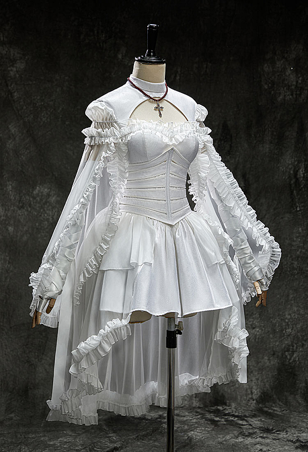 My Dying Bride Halloween White Short Wedding Dress Irregular Ruffled Dress with Corset and Gloves My Dying Bride Halloween White Short Wedding Dress Irregular Ruffled Dress with Corset and Gloves