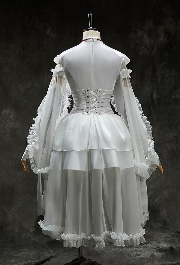 My Dying Bride Halloween White Short Wedding Dress Irregular Ruffled Dress with Corset and Gloves My Dying Bride Halloween White Short Wedding Dress Irregular Ruffled Dress with Corset and Gloves