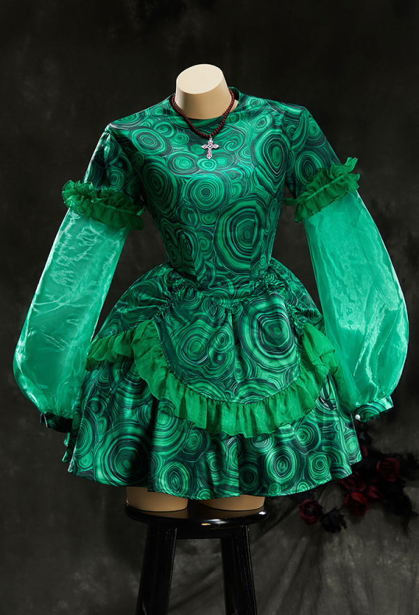 Stitched by Grace Halloween Green Short Dress Swirl Print Dress with Necklace Stitched by Grace Halloween Green Short Dress Swirl Print Dress with Necklace