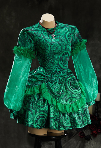 Stitched by Grace Halloween Green Short Dress Swirl Print Dress with Necklace
