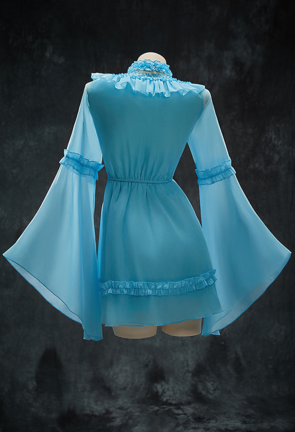 Halloween Blue Chiffon Nightgown Flared-Sleeve Ruffled Dress with Choker