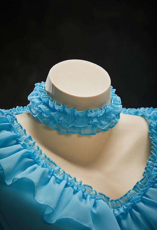 Halloween Blue Chiffon Nightgown Flared-Sleeve Ruffled Dress with Choker