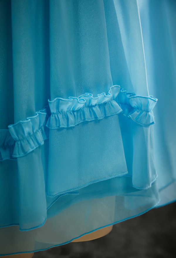 Halloween Blue Chiffon Nightgown Flared-Sleeve Ruffled Dress with Choker