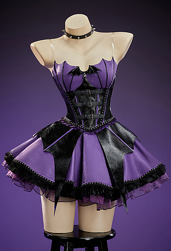 Purple Ghost Gothic Black and Purple Corset Skirt Set Bat-Shaped Top and Layered Skirt with Choker