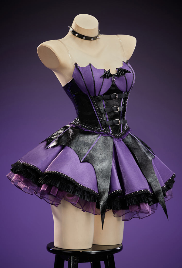 Purple Ghost Gothic Black and Purple Corset Skirt Set Bat-Shaped Top and Layered Skirt with Choker