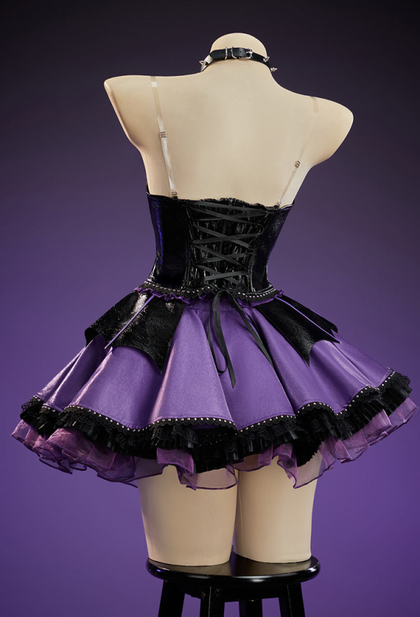 Purple Ghost Gothic Black and Purple Corset Skirt Set Bat-Shaped Top and Layered Skirt with Choker