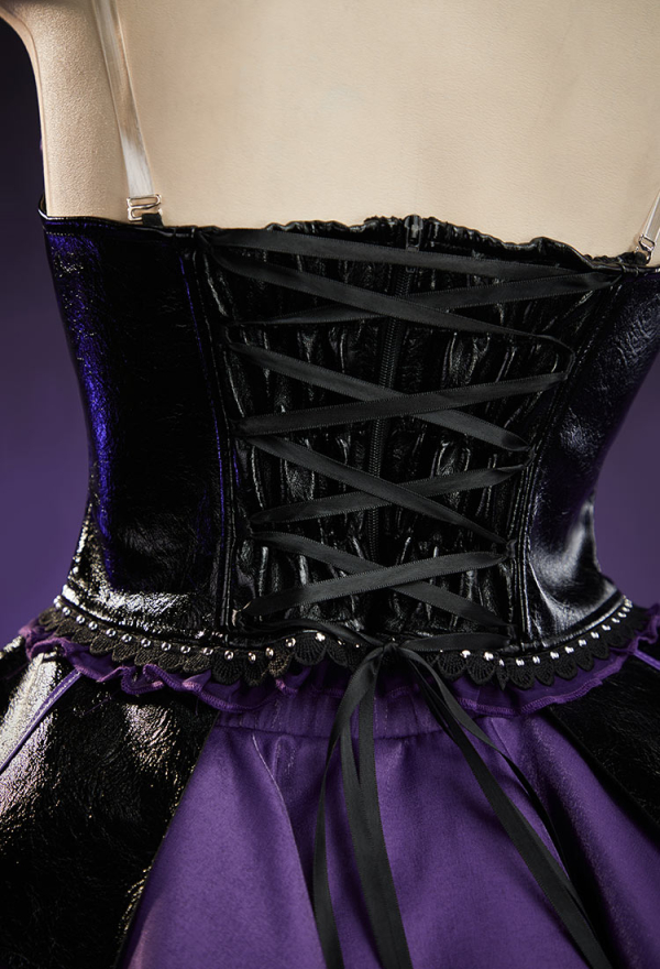 Purple Ghost Gothic Black and Purple Corset Skirt Set Bat-Shaped Top and Layered Skirt with Choker