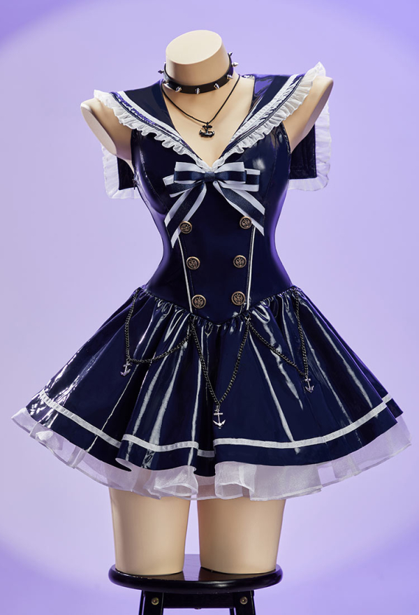 Midnight Patrol Halloween Navy Sailor Sleeveless Dress Sailor Collar A-Line Dress with Hat and Necklace