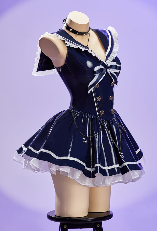 Midnight Patrol Halloween Navy Sailor Sleeveless Dress Sailor Collar A-Line Dress with Hat and Necklace
