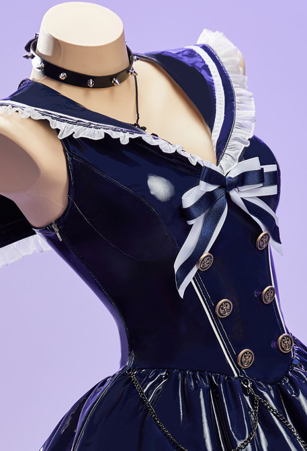 Midnight Patrol Halloween Navy Sailor Sleeveless Dress Sailor Collar A-Line Dress with Hat and Necklace