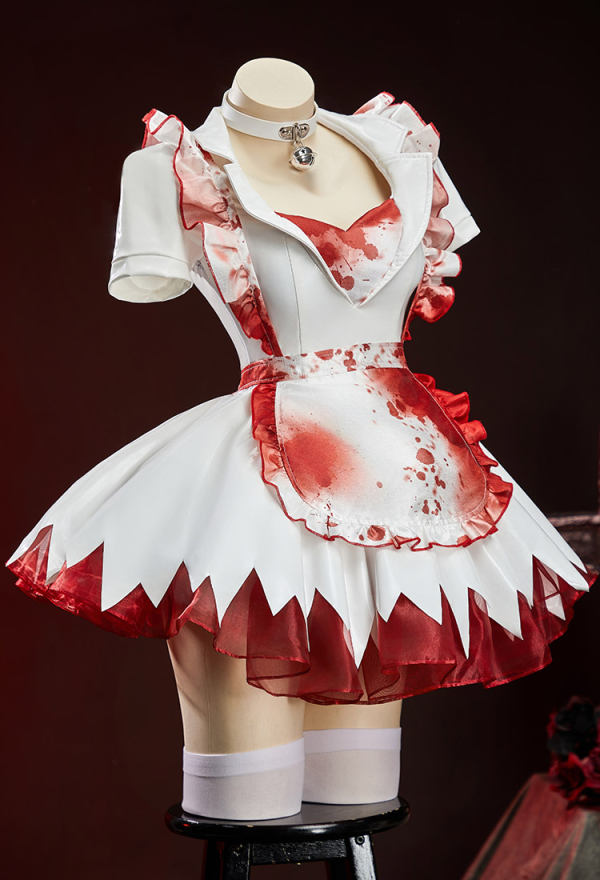 Sister of Mercy Halloween Bloodstain Print Set Shiny Irregular-Cut Dress with Apron and Headband