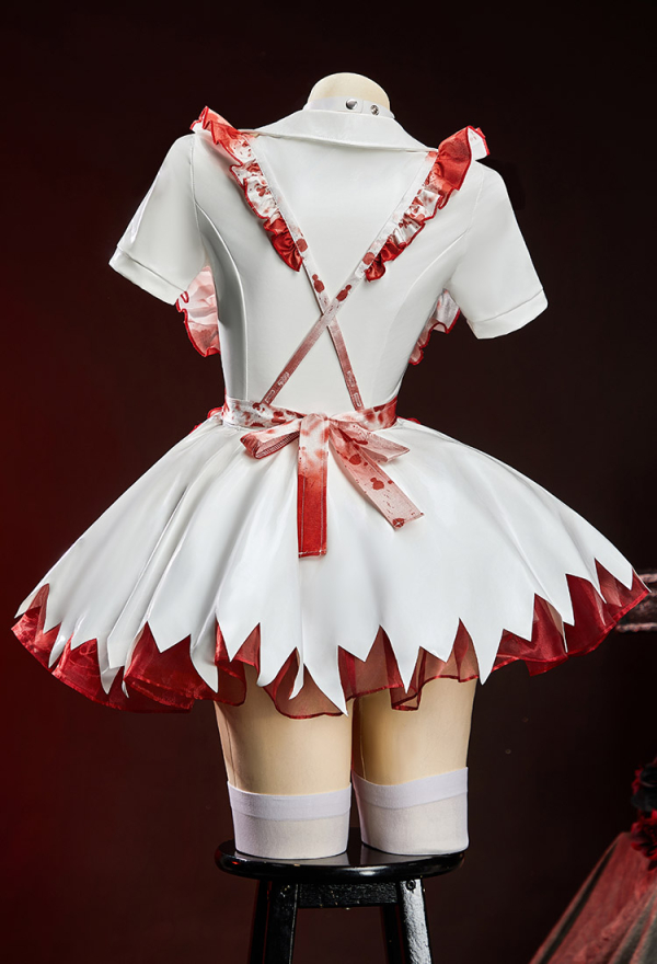 Sister of Mercy Halloween Bloodstain Print Set Shiny Irregular-Cut Dress with Apron and Headband
