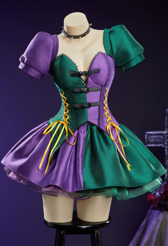 Moonlit Jester Gothic Purple Green Patchwork Corset Skirt Set Puff Sleeved Corset Top and Layered Skirt with Choker
