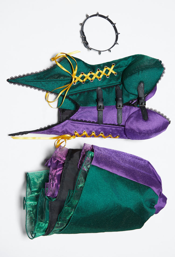 Moonlit Jester Gothic Purple Green Patchwork Corset Skirt Set Puff Sleeved Corset Top and Layered Skirt with Choker Moonlit Jester Gothic Purple Green Patchwork Corset Skirt Set Puff Sleeved Corset Top and Layered Skirt with Choker