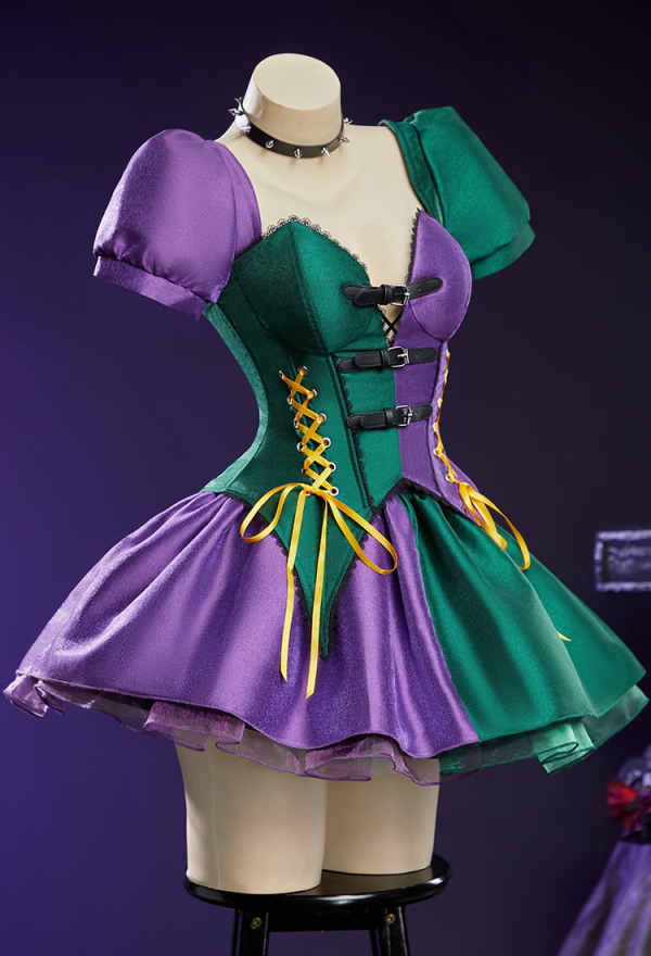 Moonlit Jester Gothic Purple Green Patchwork Corset Skirt Set Puff Sleeved Corset Top and Layered Skirt with Choker Moonlit Jester Gothic Purple Green Patchwork Corset Skirt Set Puff Sleeved Corset Top and Layered Skirt with Choker