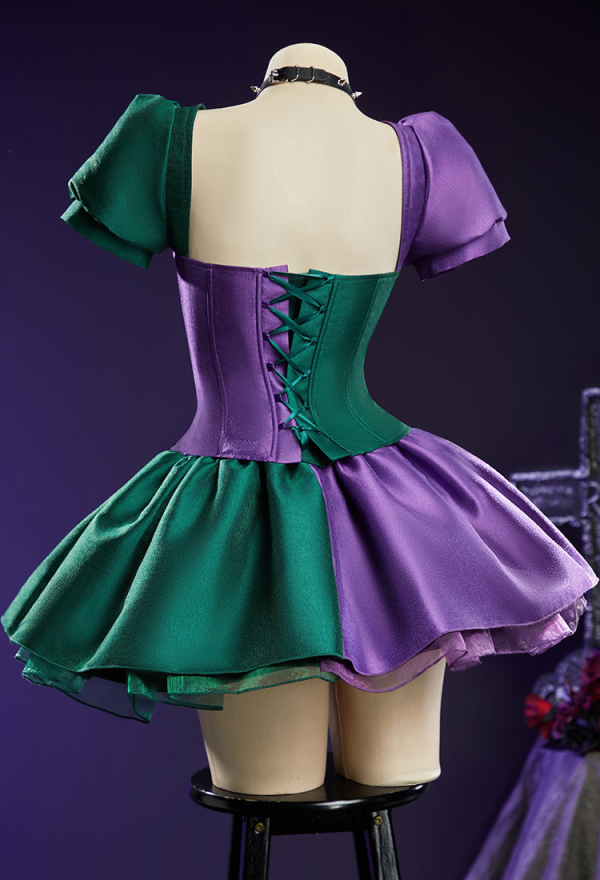 Moonlit Jester Gothic Purple Green Patchwork Corset Skirt Set Puff Sleeved Corset Top and Layered Skirt with Choker Moonlit Jester Gothic Purple Green Patchwork Corset Skirt Set Puff Sleeved Corset Top and Layered Skirt with Choker
