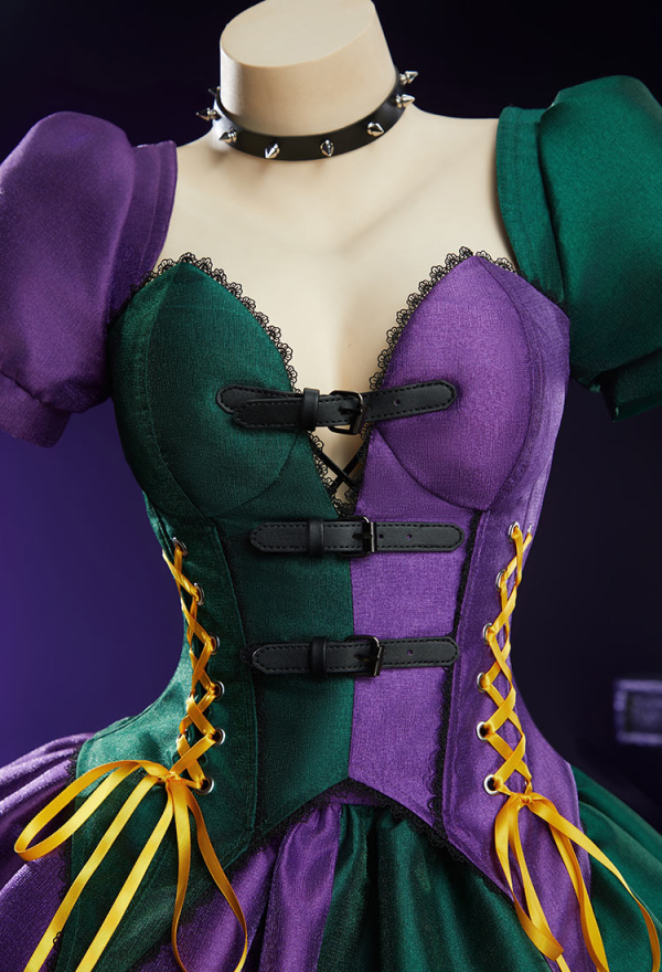 Moonlit Jester Gothic Purple Green Patchwork Corset Skirt Set Puff Sleeved Corset Top and Layered Skirt with Choker Moonlit Jester Gothic Purple Green Patchwork Corset Skirt Set Puff Sleeved Corset Top and Layered Skirt with Choker
