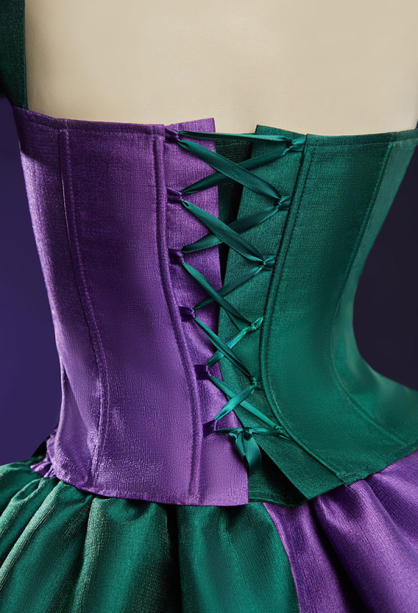 Moonlit Jester Gothic Purple Green Patchwork Corset Skirt Set Puff Sleeved Corset Top and Layered Skirt with Choker Moonlit Jester Gothic Purple Green Patchwork Corset Skirt Set Puff Sleeved Corset Top and Layered Skirt with Choker