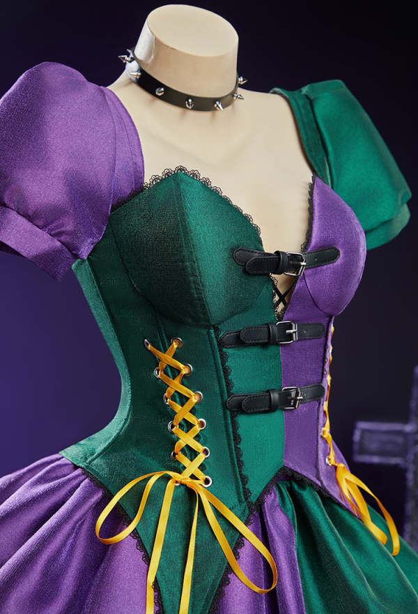 Moonlit Jester Gothic Purple Green Patchwork Corset Skirt Set Puff Sleeved Corset Top and Layered Skirt with Choker Moonlit Jester Gothic Purple Green Patchwork Corset Skirt Set Puff Sleeved Corset Top and Layered Skirt with Choker