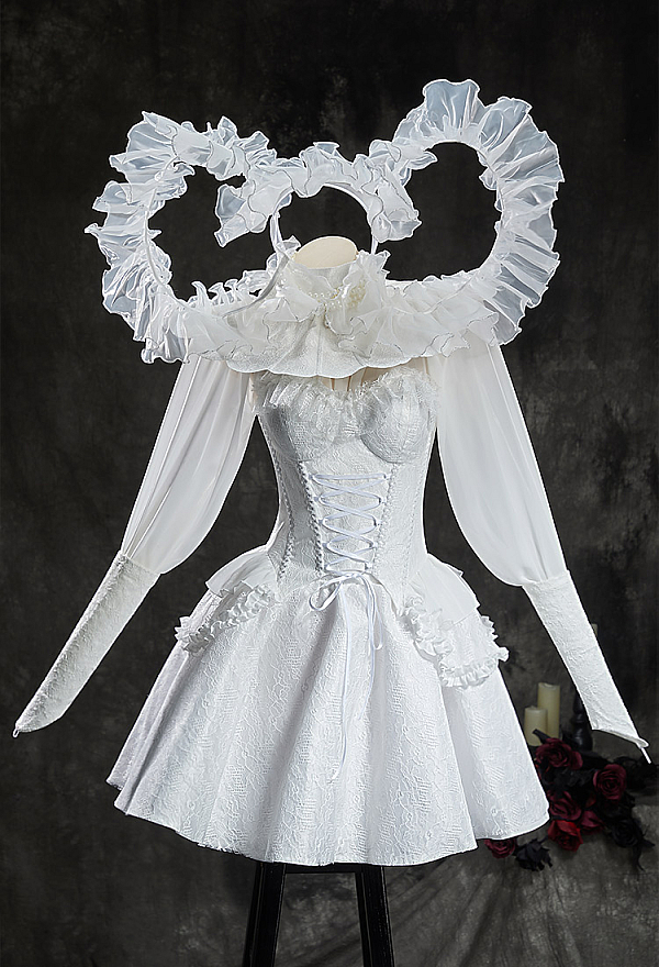 Dracula's Oath Halloween Gothic White Vampire Set Lace-Up Corset and Skirt with Blouse and Headpiece