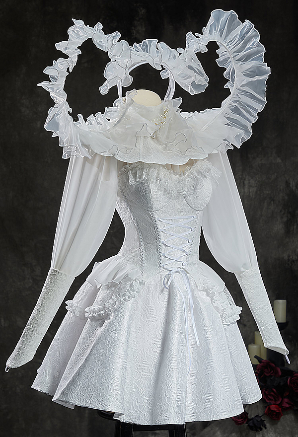 Dracula's Oath Halloween Gothic White Vampire Set Lace-Up Corset and Skirt with Blouse and Headpiece
