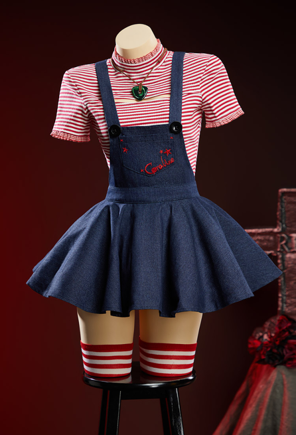Button Eyes Halloween Dress Set Red and White Striped Short-Sleeve Top and Dark Blue Pinafore Dress with Jacket and Stockings