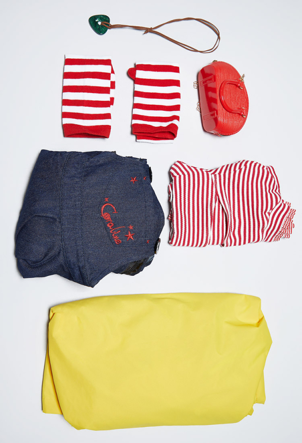 Button Eyes Halloween Dress Set Red and White Striped Short-Sleeve Top and Dark Blue Pinafore Dress with Jacket and Stockings