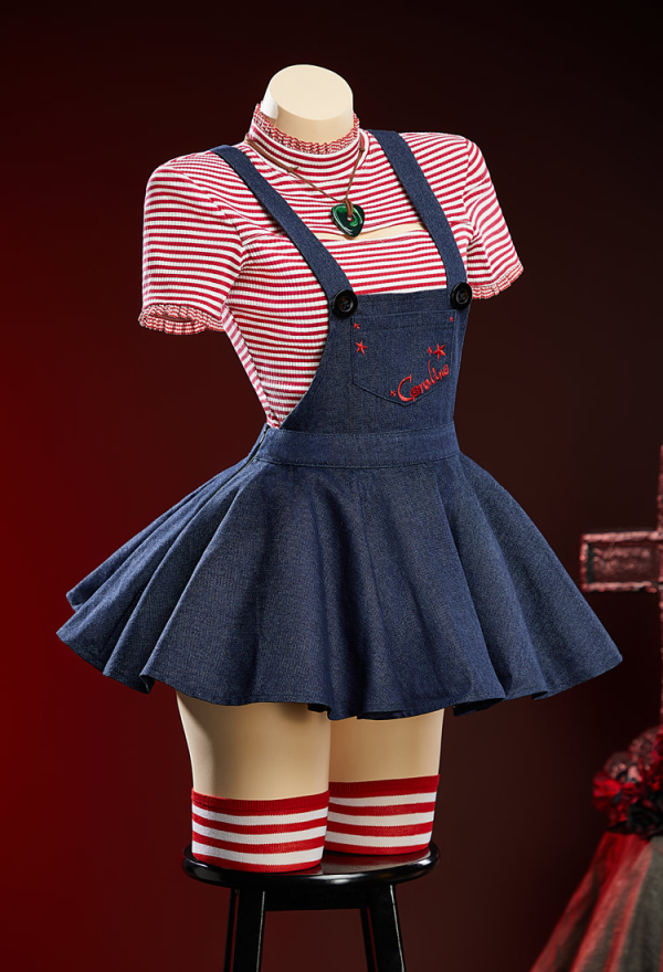 Button Eyes Halloween Dress Set Red and White Striped Short-Sleeve Top and Dark Blue Pinafore Dress with Jacket and Stockings