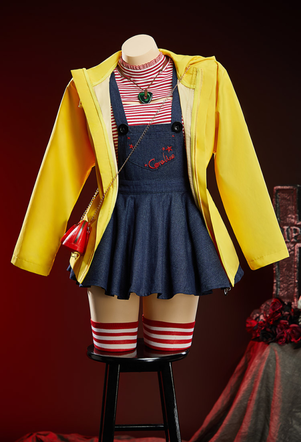 Button Eyes Halloween Dress Set Red and White Striped Short-Sleeve Top and Dark Blue Pinafore Dress with Jacket and Stockings