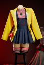 Button Eyes Halloween Dress Set Red and White Striped Short-Sleeve Top and Dark Blue Pinafore Dress with Jacket and Stockings