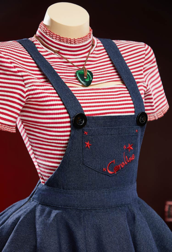 Button Eyes Halloween Dress Set Red and White Striped Short-Sleeve Top and Dark Blue Pinafore Dress with Jacket and Stockings