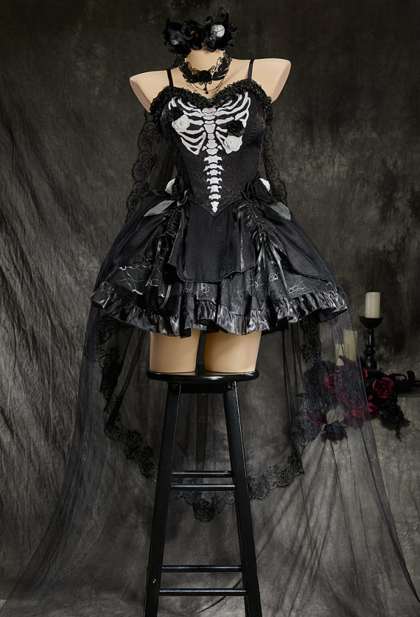 My Dying Bride Gothic Black Dress Skeleton Print Off-the-Shoulder Dress with Veil and Train
