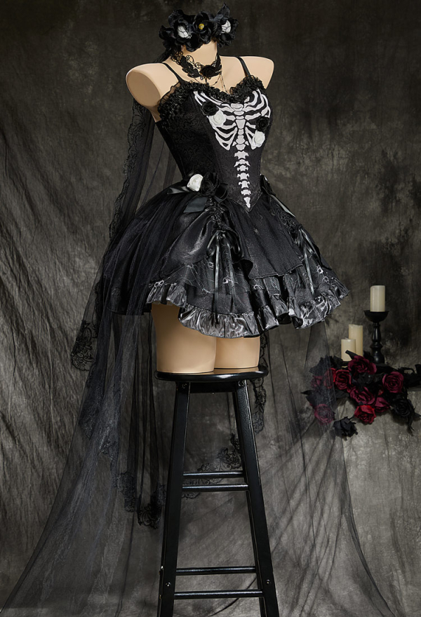 My Dying Bride Gothic Black Dress Skeleton Print Off-the-Shoulder Dress with Veil and Train
