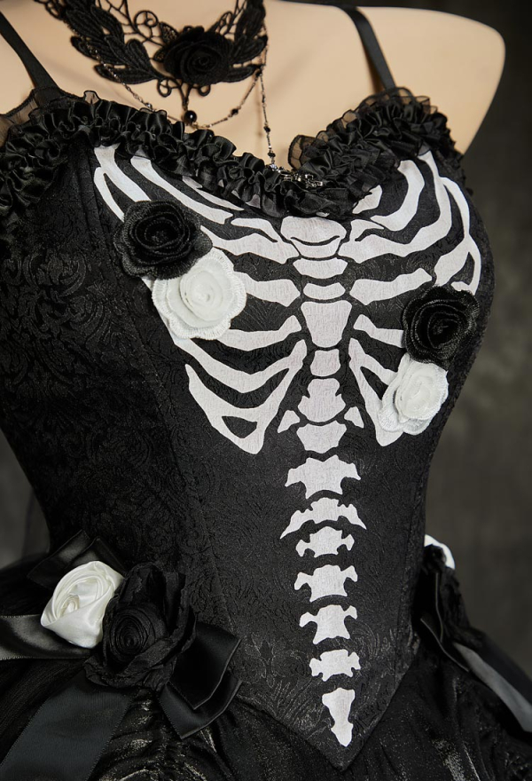 My Dying Bride Gothic Black Dress Skeleton Print Off-the-Shoulder Dress with Veil and Train