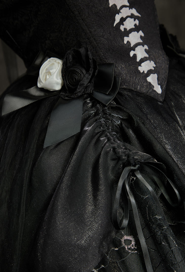 My Dying Bride Gothic Black Dress Skeleton Print Off-the-Shoulder Dress with Veil and Train