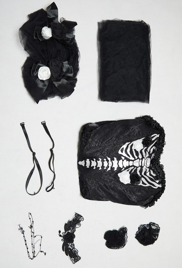My Dying Bride Gothic Black Dress Skeleton Print Off-the-Shoulder Dress with Veil and Train