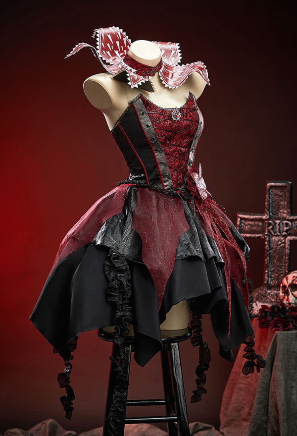 Venomous Bloom Gothic Black Red Dress Off-the-Shoulder Irregular Layered Dress with Choker