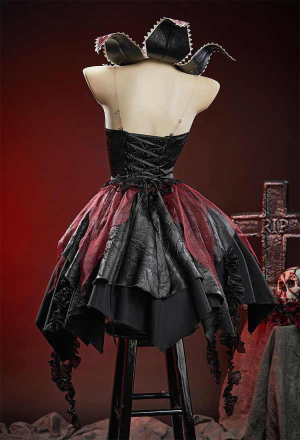 Venomous Bloom Gothic Black Red Dress Off-the-Shoulder Irregular Layered Dress with Choker